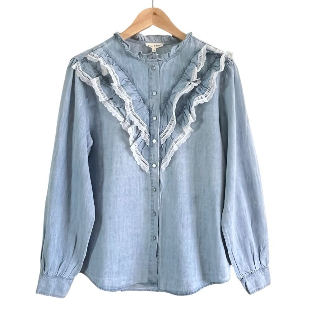 Aaron & Amber Chambray Denim Ruffle Lace Blouse